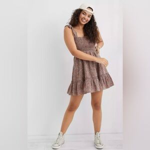 Aerie|Smocked Olive Green Sleeveless babydoll dress with bows on sleeve,Medium•